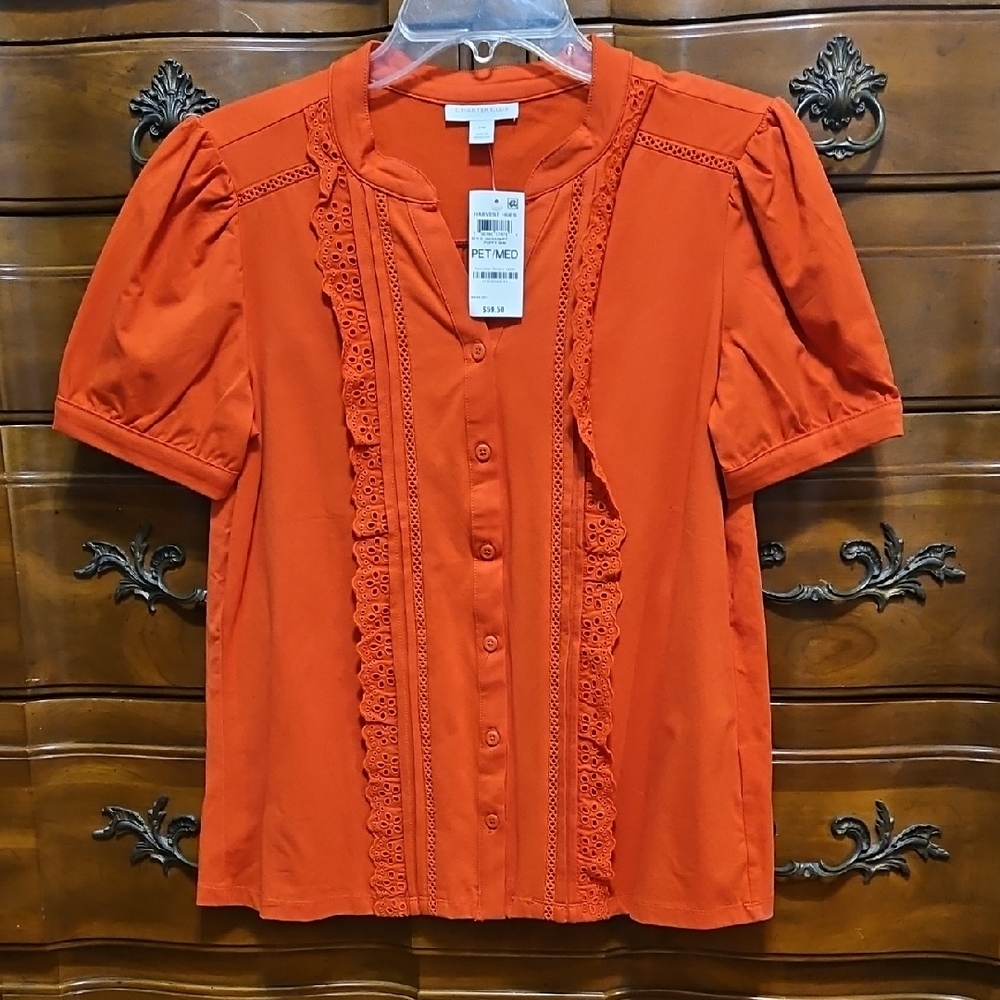 NWT Women's Charter Club Orange Lace Trim Top Size Petite Medium